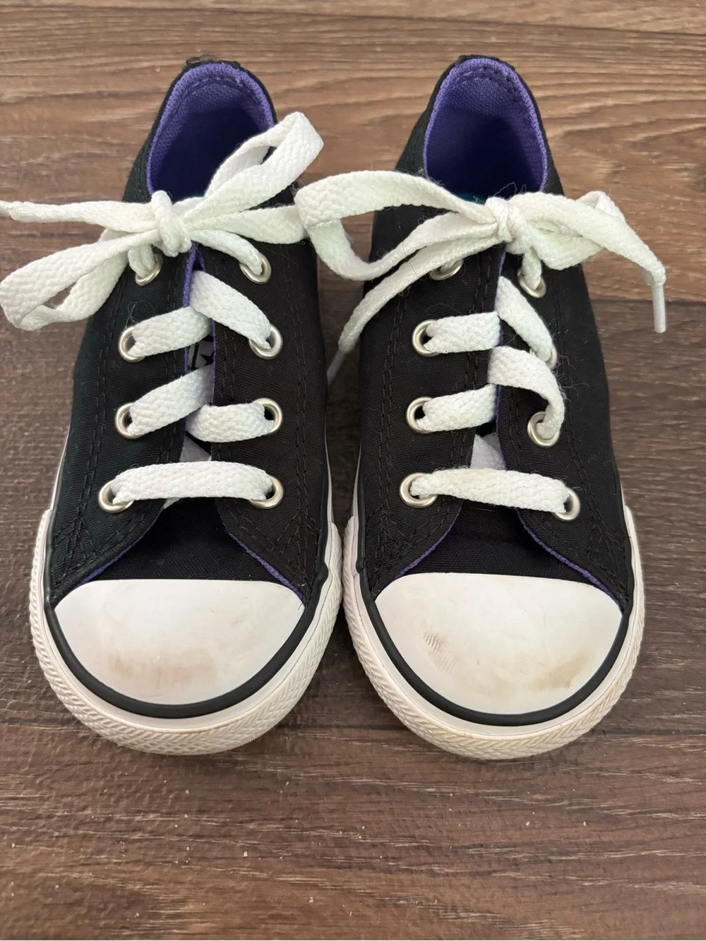 Converse Kids Black Canvas Sneakers with White Laces and Purple Trim